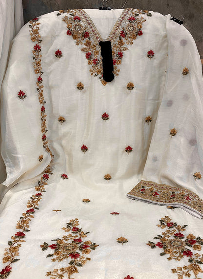 Heavy Chinon White Eid Wear Embroidery Work Pakistani Suit 387293