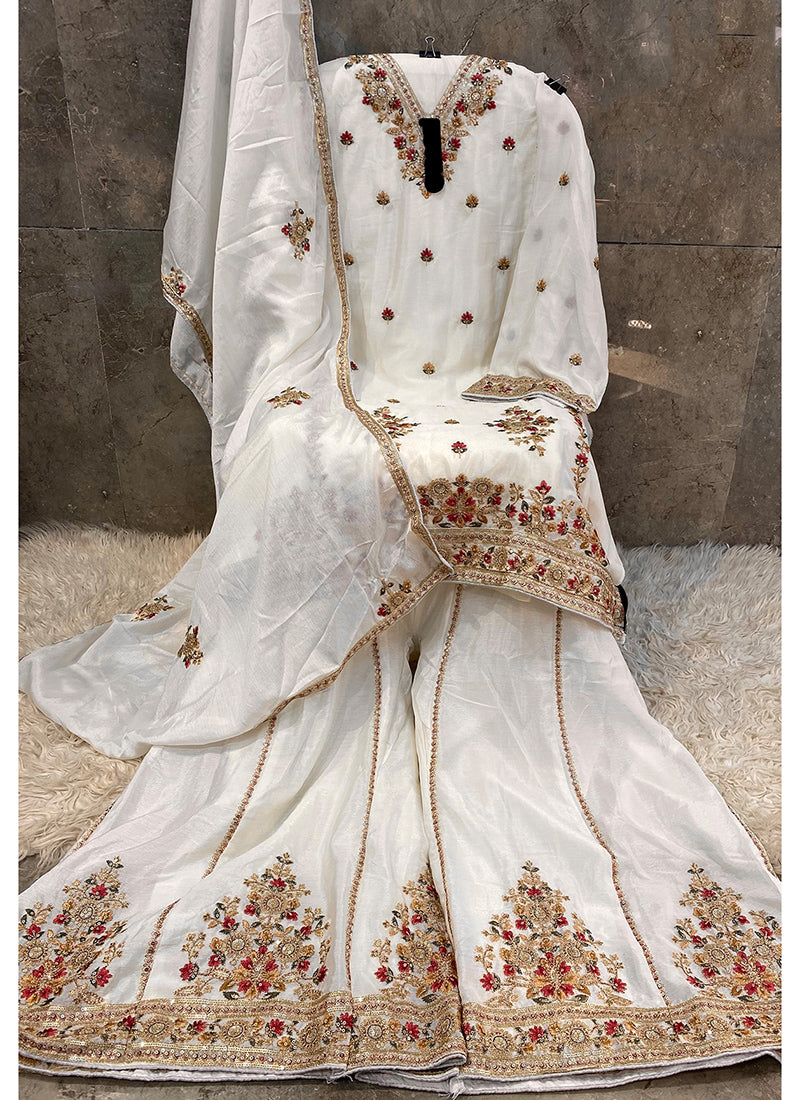 Heavy Chinon White Eid Wear Embroidery Work Pakistani Suit 387293