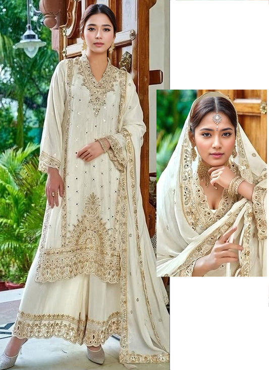 Heavy Chinon White Eid Wear Zari Work Readymade Pakistani Suit 388112