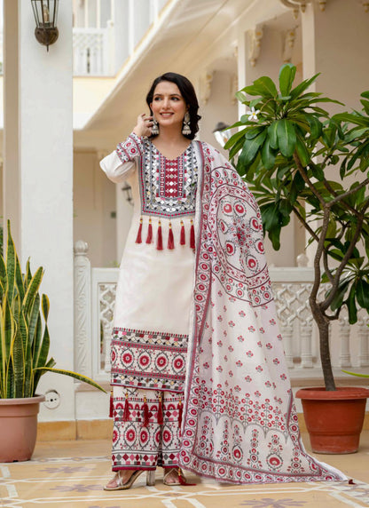 Muslin White Casual Wear Mirror Work Readymade Plazzo Suit 386046