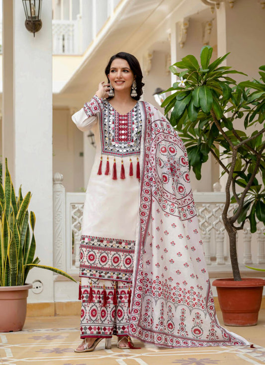 Muslin White Casual Wear Mirror Work Readymade Plazzo Suit 386046