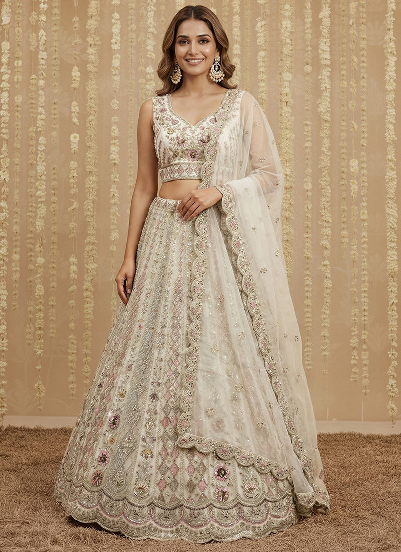 White Net Embroidery Work Bridal Wear Lehenga Choli SW540047