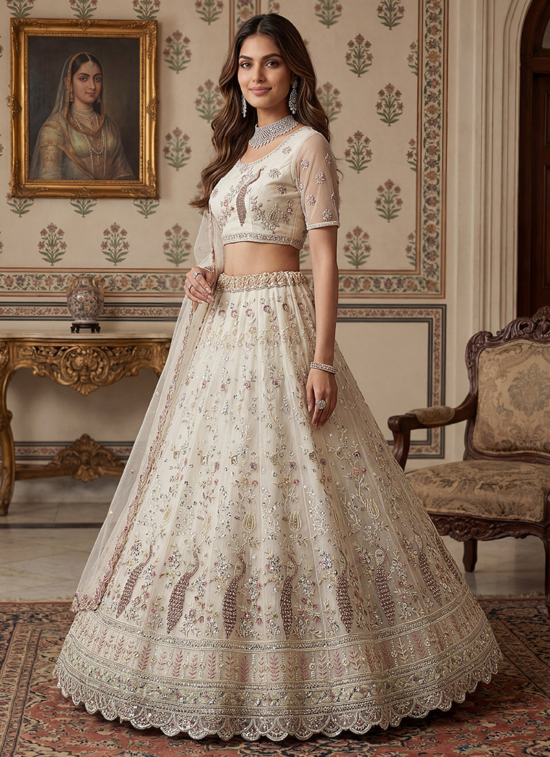 White Net Embroidery Work Wedding Wear Lehenga Choli SW365026