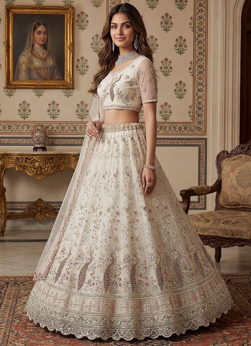 White Net Embroidery Work Wedding Wear Lehenga Choli SW365026