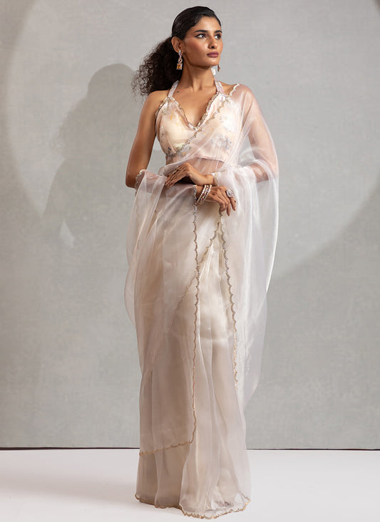 Organza White Saree with Border Work for Designer Wear 380334