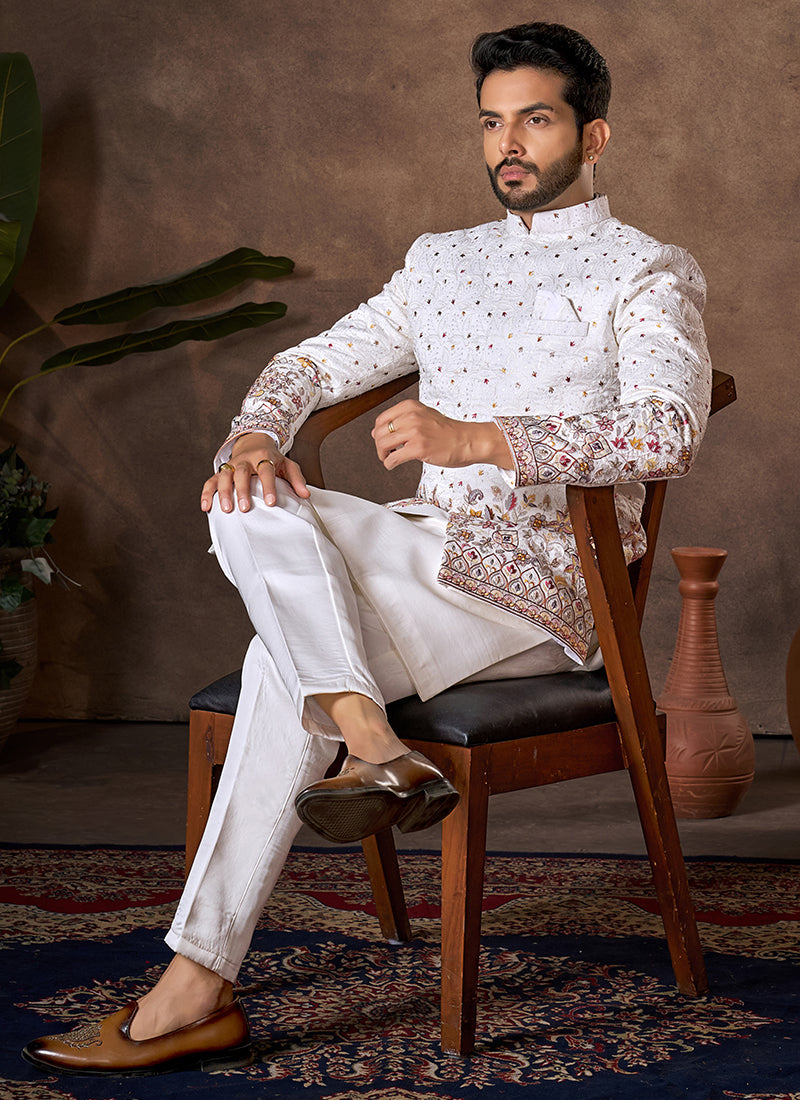 White Premium Silk Embroidery Work Wedding Wear Readymade 3 Pcs Suit SW515414