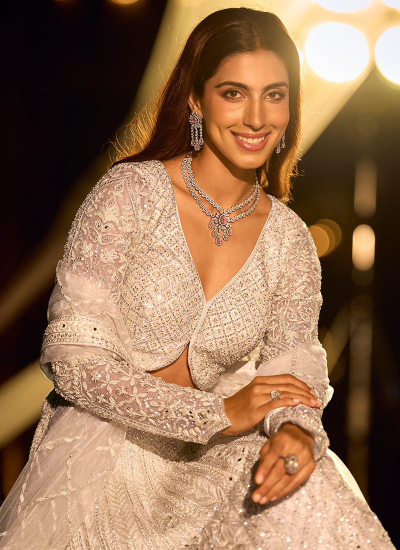 Pure Net White Bridal Wear Heavy Work Readymade Bridal Lehenga Choli 388116