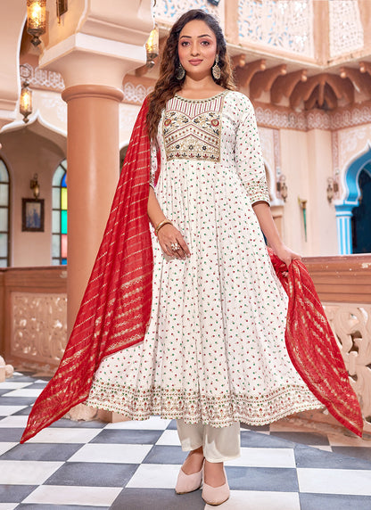 Rayon White Casual Wear Sequin Work Readymade Anarkali Suit 382162