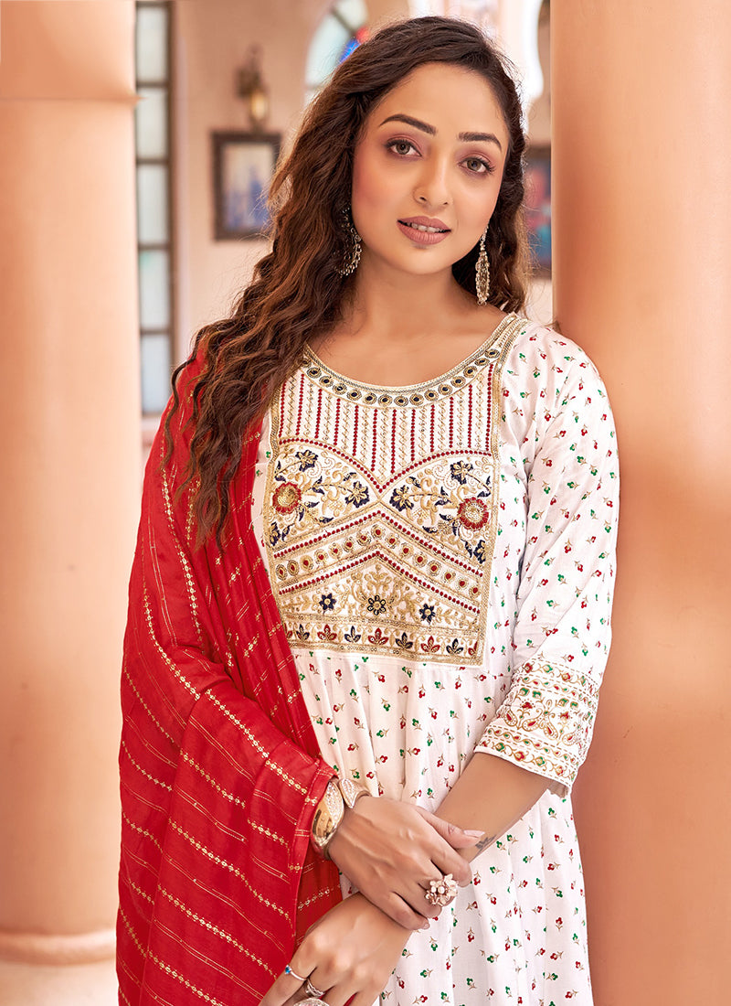 Rayon White Casual Wear Sequin Work Readymade Anarkali Suit 382162