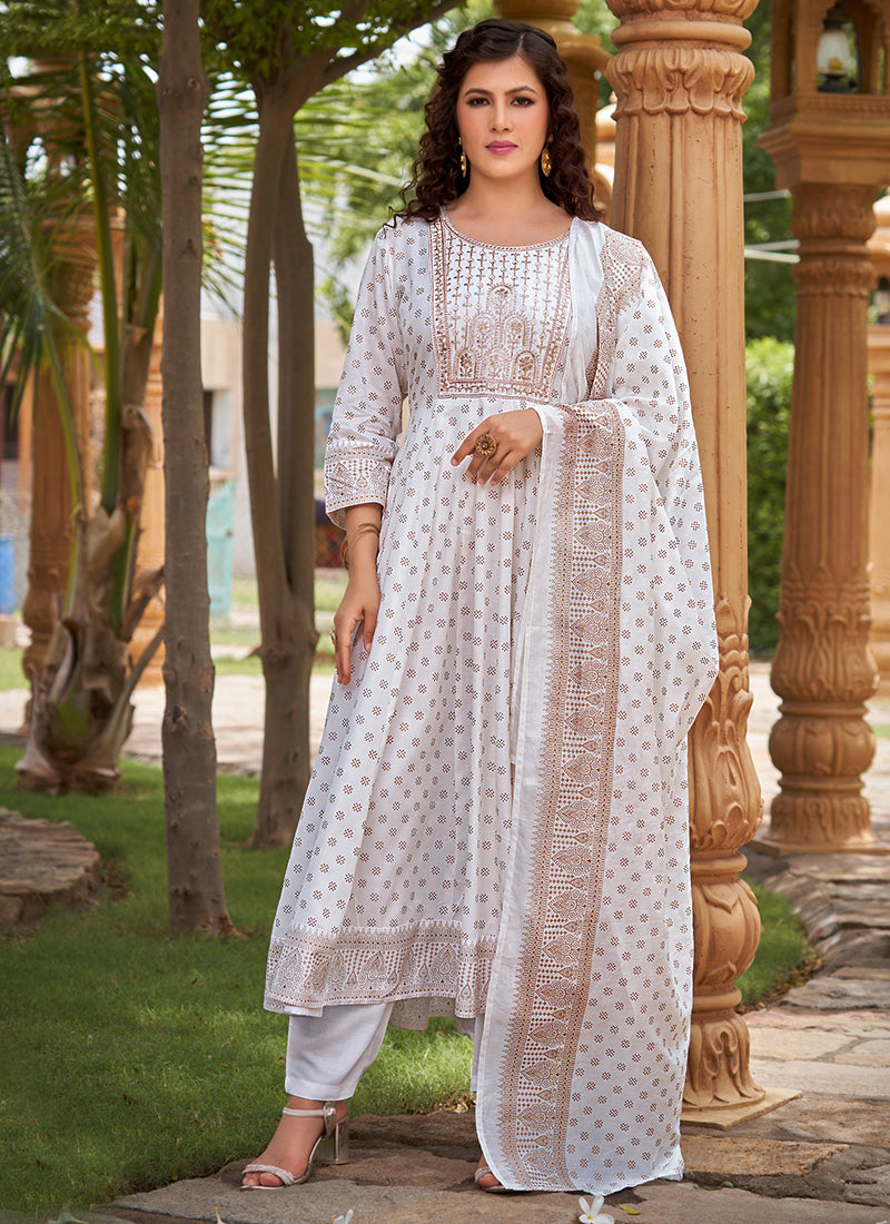 Rayon White Casual Wear Sequin Work Readymade Anarkali Suit 380562