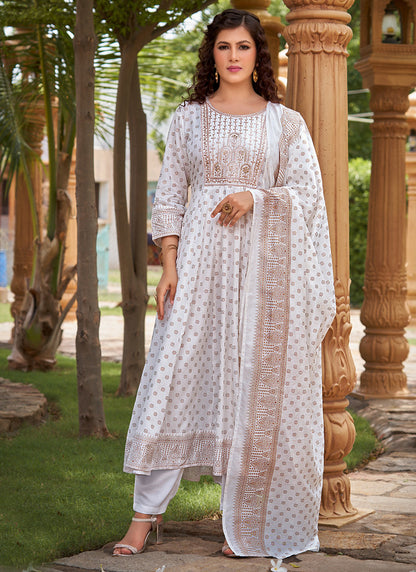 Rayon White Casual Wear Sequin Work Readymade Anarkali Suit 380562