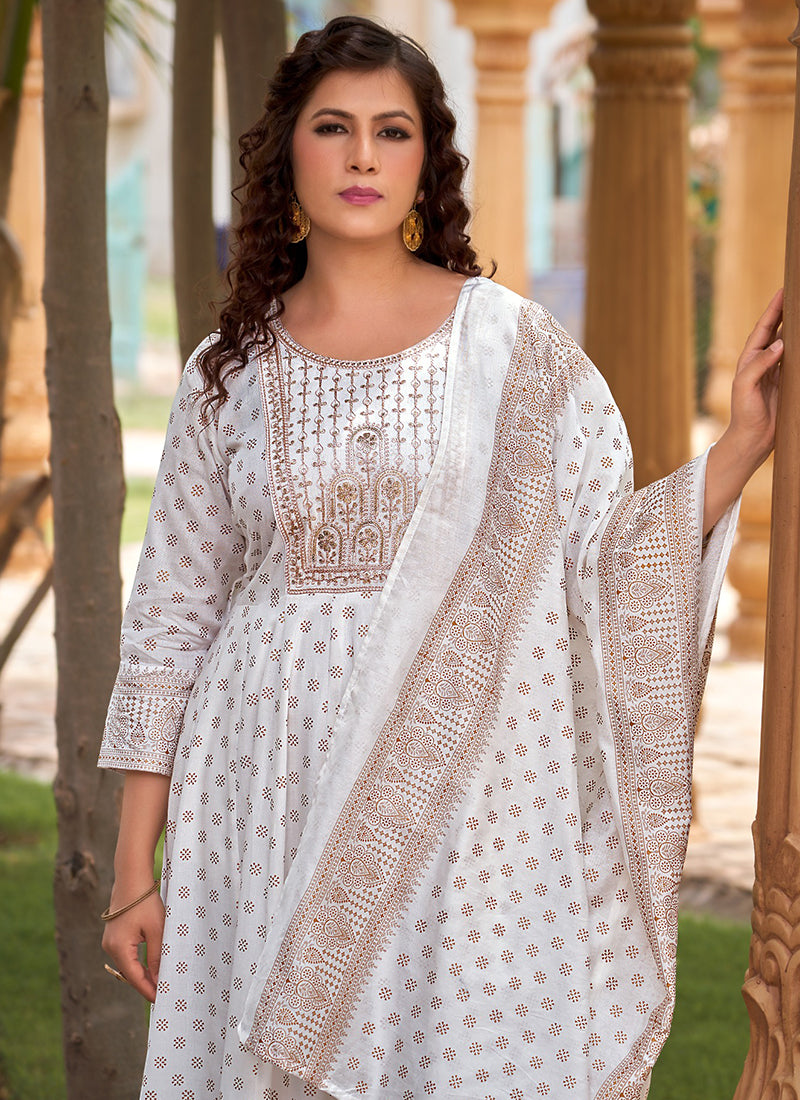 Rayon White Casual Wear Sequin Work Readymade Anarkali Suit 380562