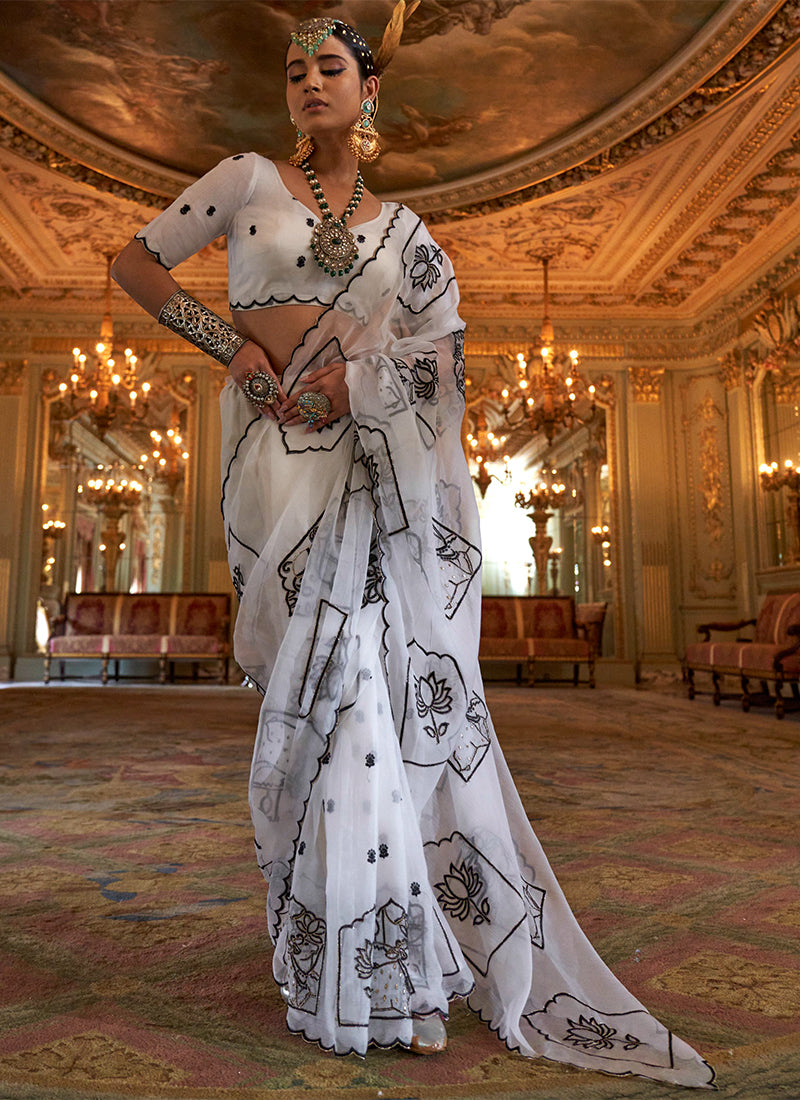 Ruby Chiffon White Festival Wear Thread Embroidery Work Designer Saree 388263