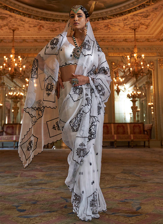 Ruby Chiffon White Festival Wear Thread Embroidery Work Designer Saree 388263