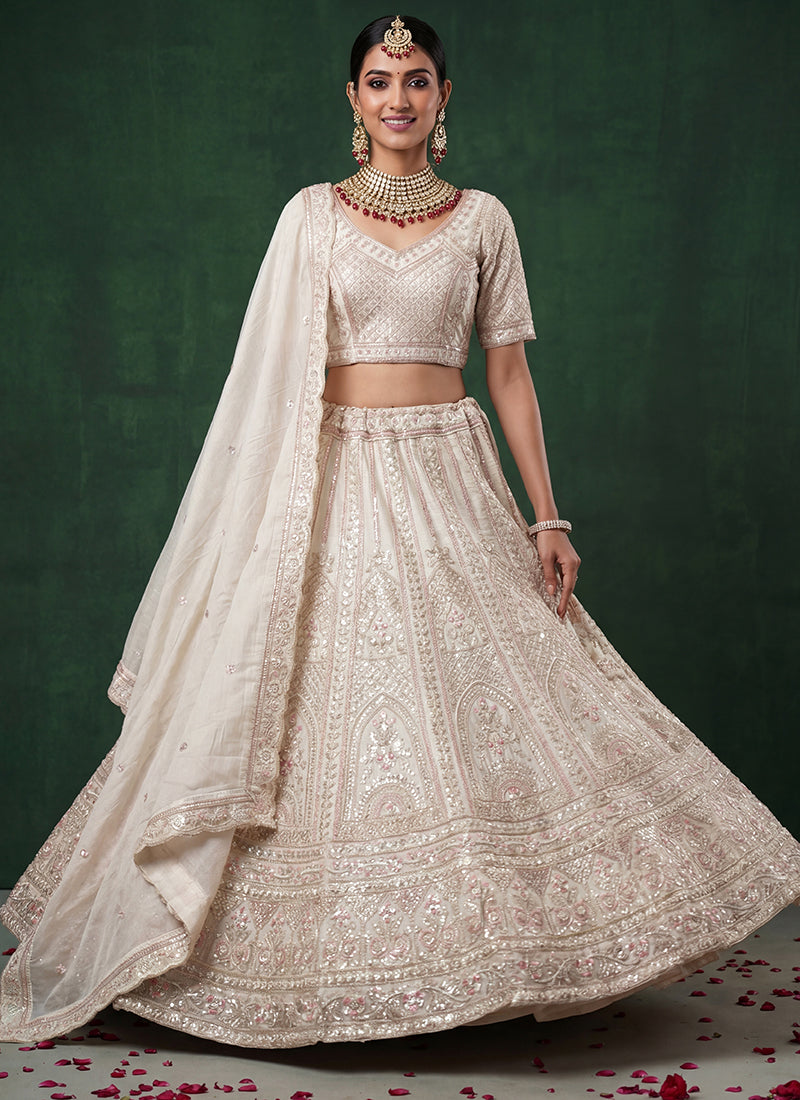 White Satin Embroidery Work Bridal Wear Lehenga Choli SW938113