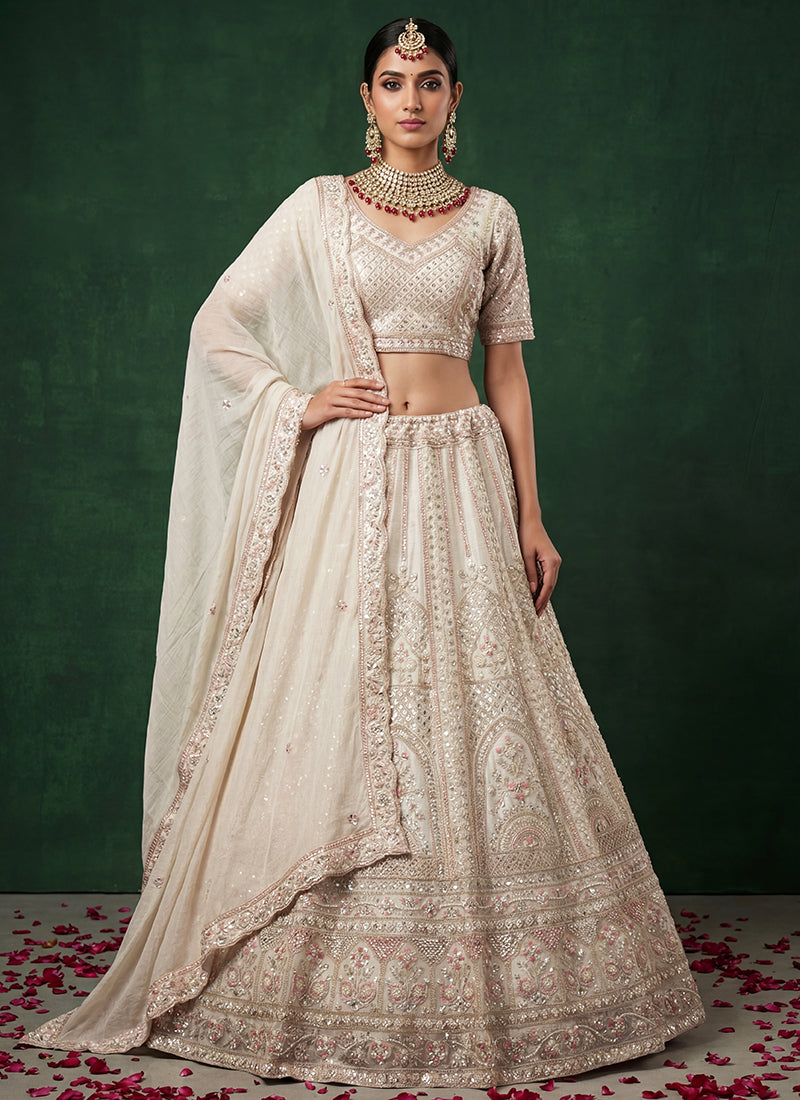 White Satin Embroidery Work Bridal Wear Lehenga Choli SW938113