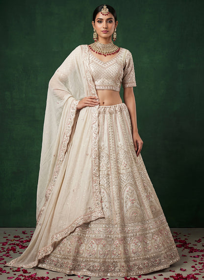 White Satin Embroidery Work Bridal Wear Lehenga Choli SW938113