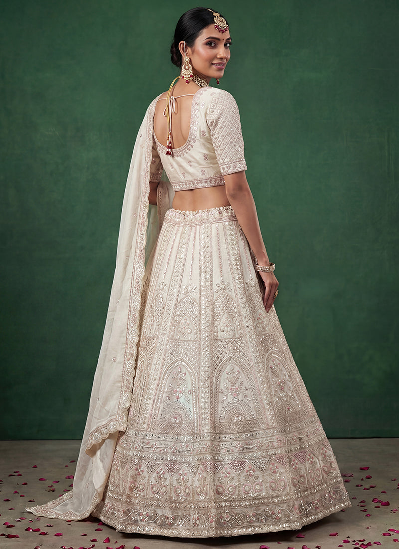 White Satin Embroidery Work Bridal Wear Lehenga Choli SW938113