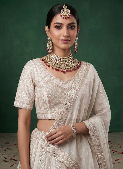 White Satin Embroidery Work Bridal Wear Lehenga Choli SW938113