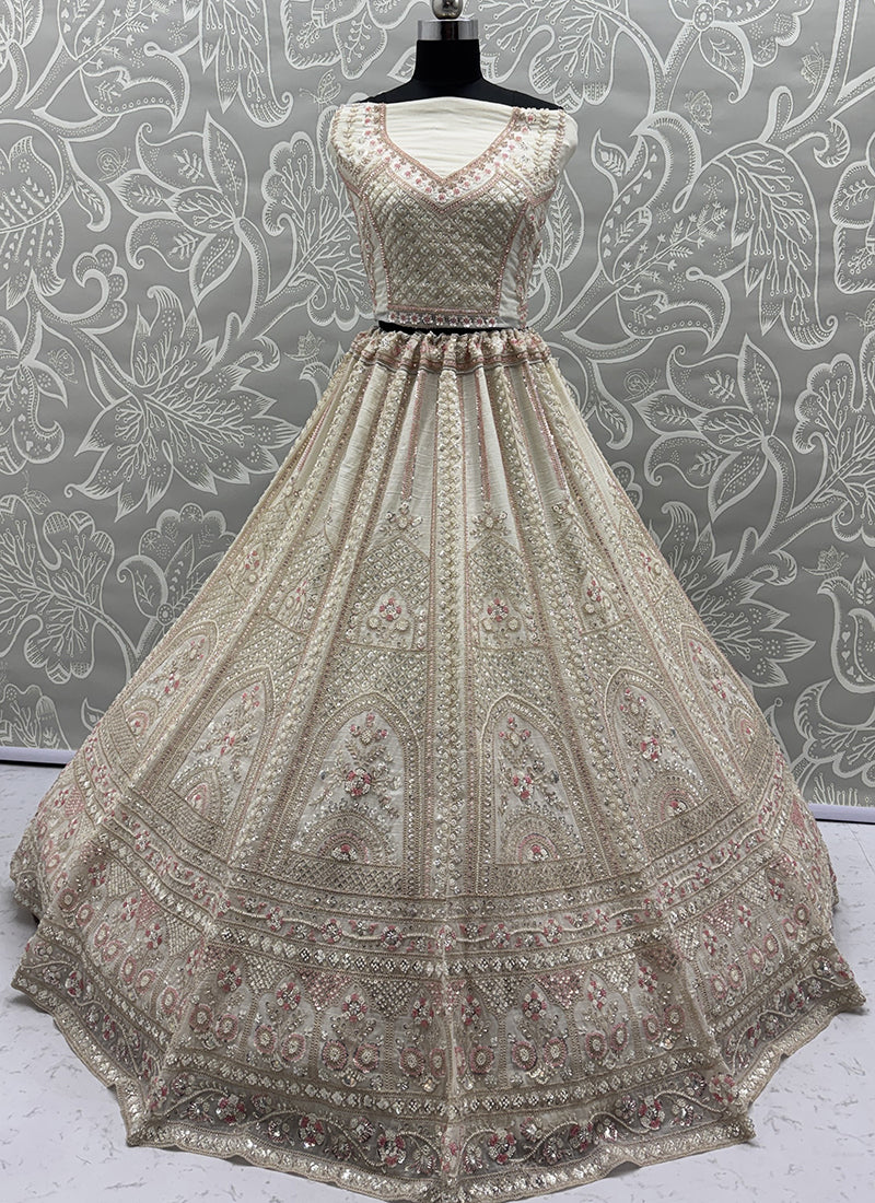 White Satin Embroidery Work Bridal Wear Lehenga Choli SW938113