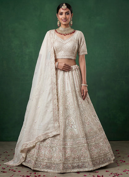White Satin Embroidery Work Bridal Wear Lehenga Choli SW938113