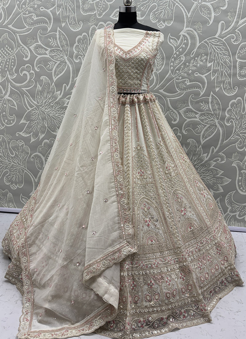 White Satin Embroidery Work Bridal Wear Lehenga Choli SW938113