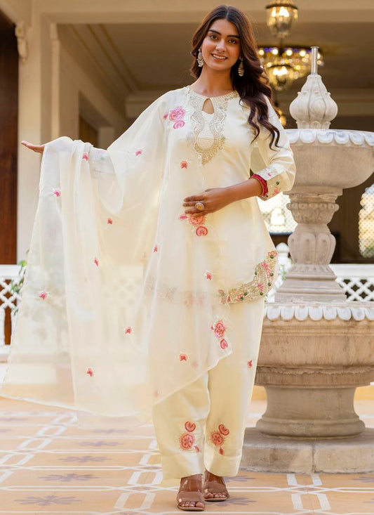 White Satin Silk Embroidery Work Occasional Wear Readymade Salwar Suit SW379381