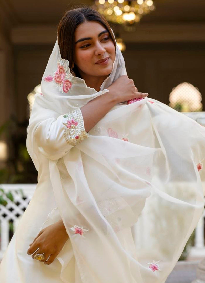 White Satin Silk Embroidery Work Occasional Wear Readymade Salwar Suit SW379381