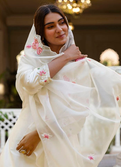 White Satin Silk Embroidery Work Occasional Wear Readymade Salwar Suit SW379381