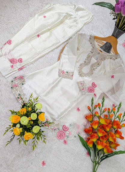 White Satin Silk Embroidery Work Occasional Wear Readymade Salwar Suit SW379381
