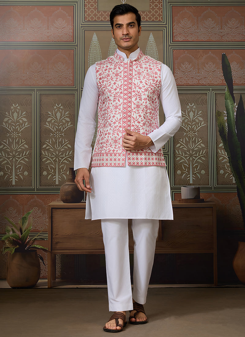 Silk White Festival Wear Mirror Work Readymade Modi Jacket Kurta Pajama 384460