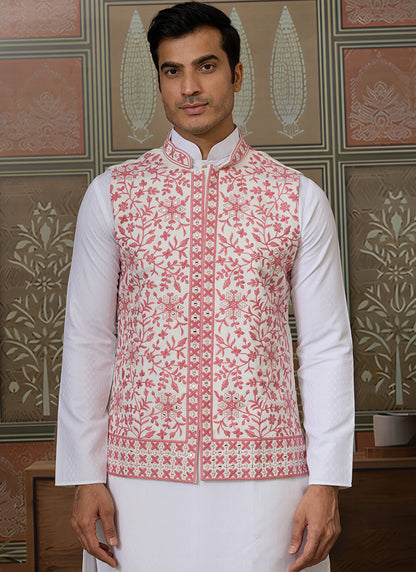 Silk White Festival Wear Mirror Work Readymade Modi Jacket Kurta Pajama 384460