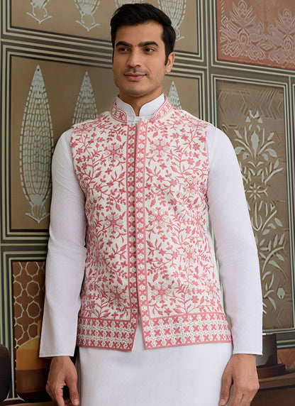 Silk White Festival Wear Mirror Work Readymade Modi Jacket Kurta Pajama 384460