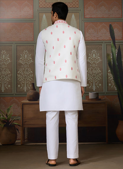 Silk White Festival Wear Mirror Work Readymade Modi Jacket Kurta Pajama 384460