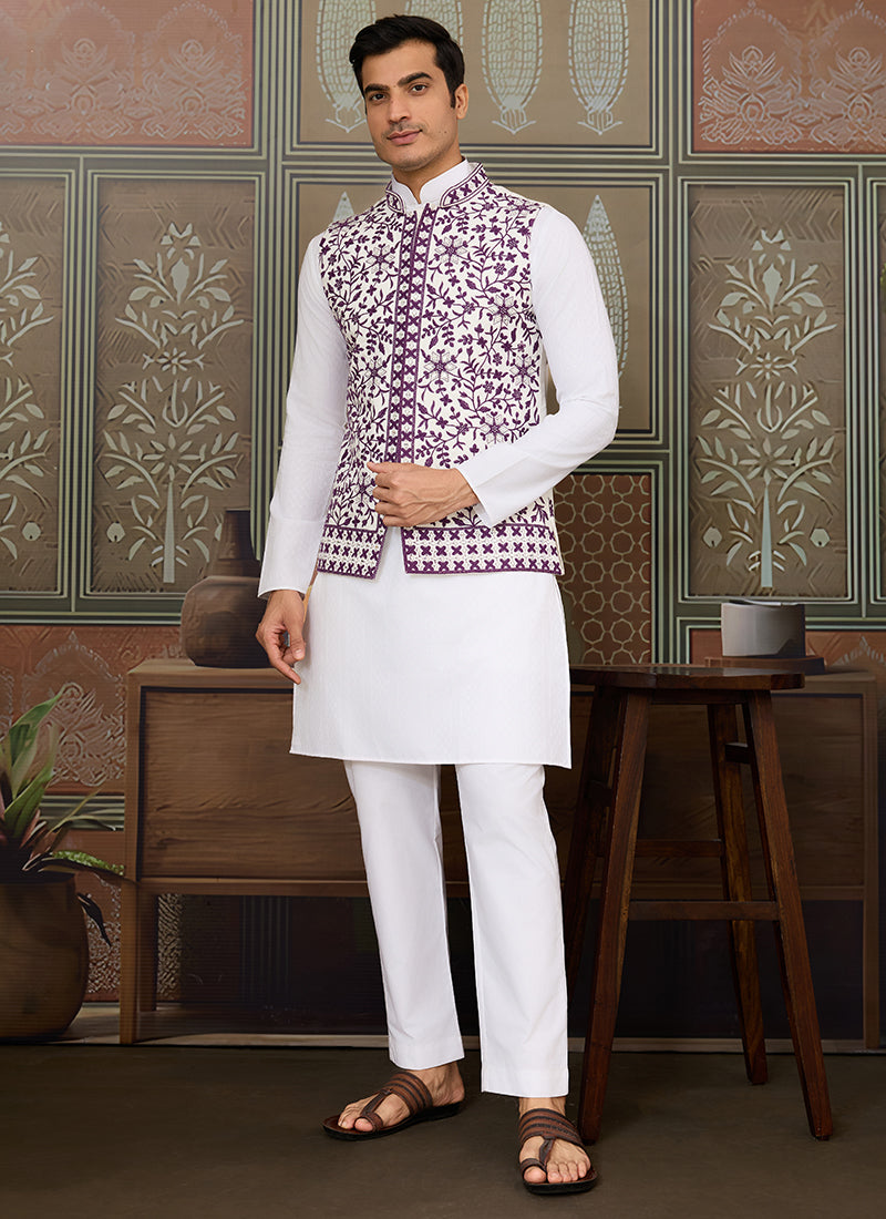 Silk White Festival Wear Mirror Work Readymade Modi Jacket Kurta Pajama 384461