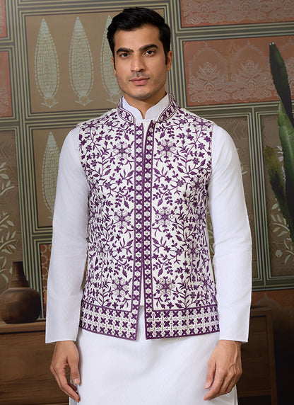 Silk White Festival Wear Mirror Work Readymade Modi Jacket Kurta Pajama 384461