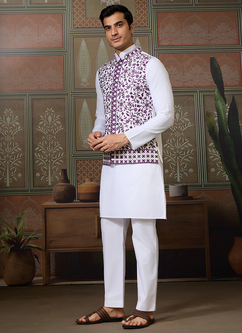 Silk White Festival Wear Mirror Work Readymade Modi Jacket Kurta Pajama 384461