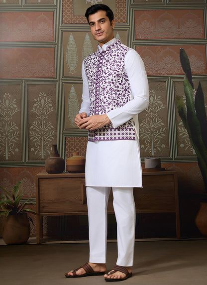 Silk White Festival Wear Mirror Work Readymade Modi Jacket Kurta Pajama 384461