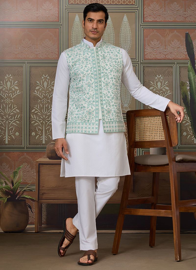 Silk White Festival Wear Mirror Work Readymade Modi Jacket Kurta Pajama 384462
