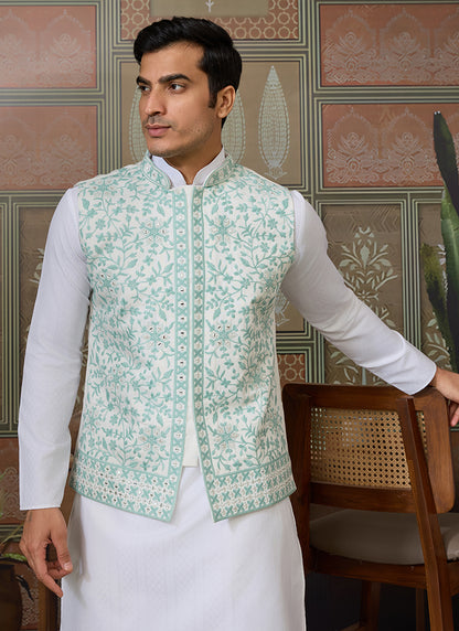 Silk White Festival Wear Mirror Work Readymade Modi Jacket Kurta Pajama 384462