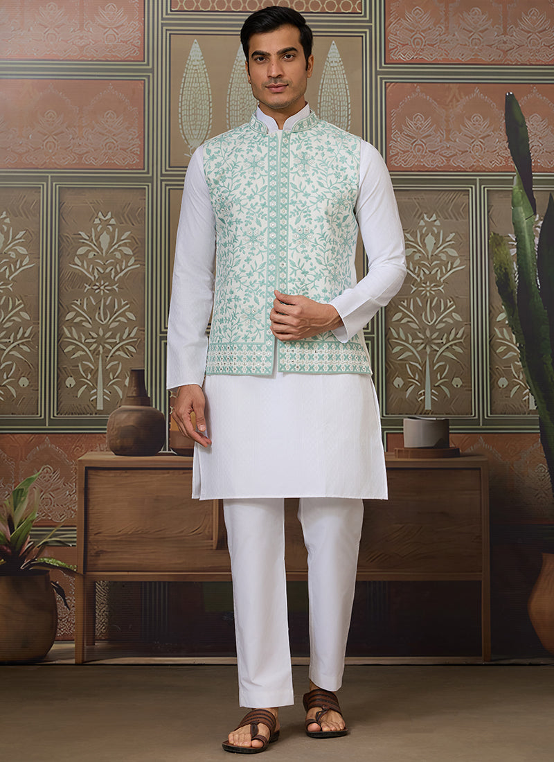 Silk White Festival Wear Mirror Work Readymade Modi Jacket Kurta Pajama 384462