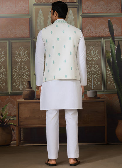 Silk White Festival Wear Mirror Work Readymade Modi Jacket Kurta Pajama 384462