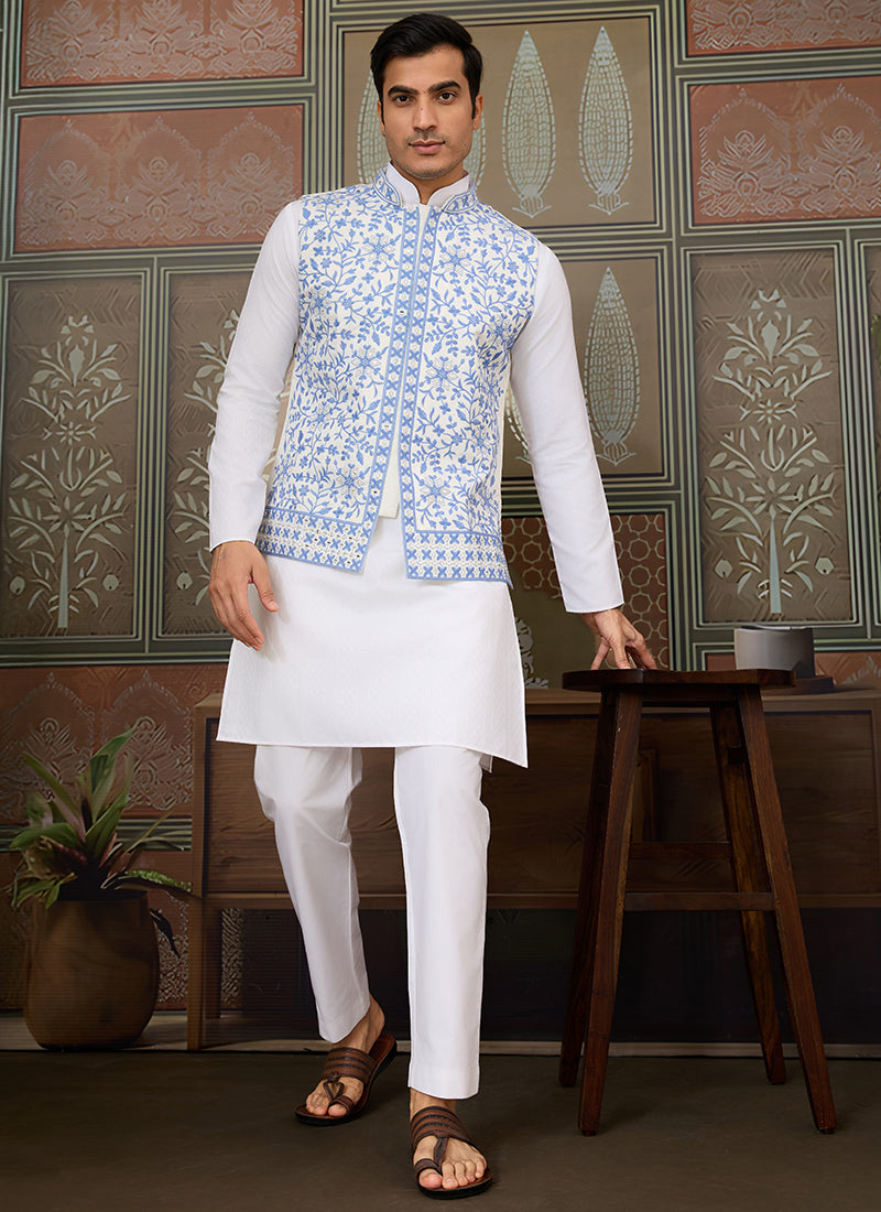 Silk White Festival Wear Mirror Work Readymade Modi Jacket Kurta Pajama 384463