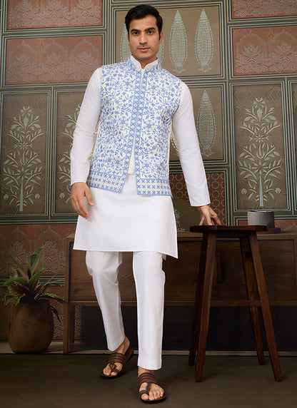 Silk White Festival Wear Mirror Work Readymade Modi Jacket Kurta Pajama 384463