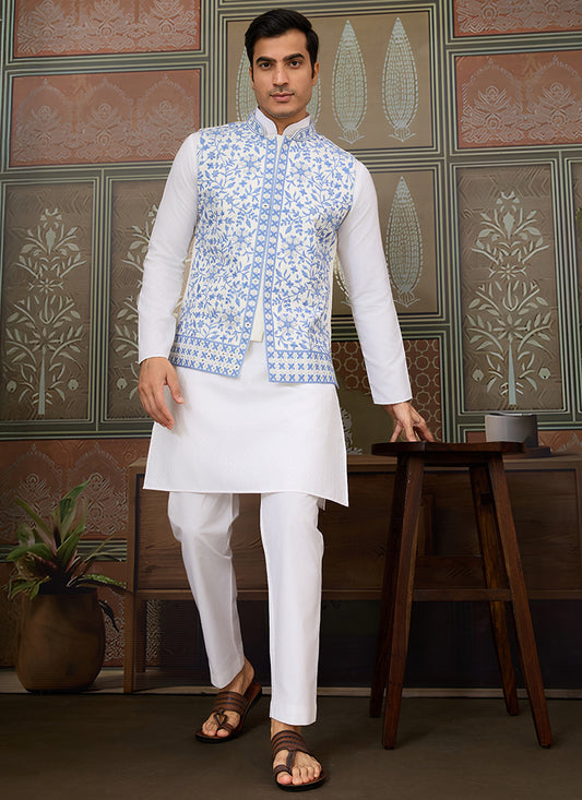 Silk White Festival Wear Mirror Work Readymade Modi Jacket Kurta Pajama 384463