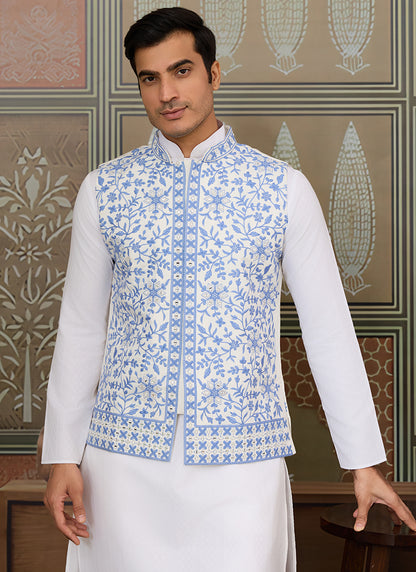 Silk White Festival Wear Mirror Work Readymade Modi Jacket Kurta Pajama 384463