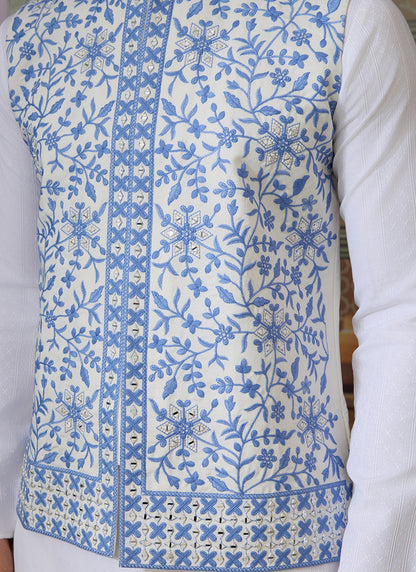 Silk White Festival Wear Mirror Work Readymade Modi Jacket Kurta Pajama 384463