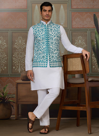 Silk White Festival Wear Mirror Work Readymade Modi Jacket Kurta Pajama 384464