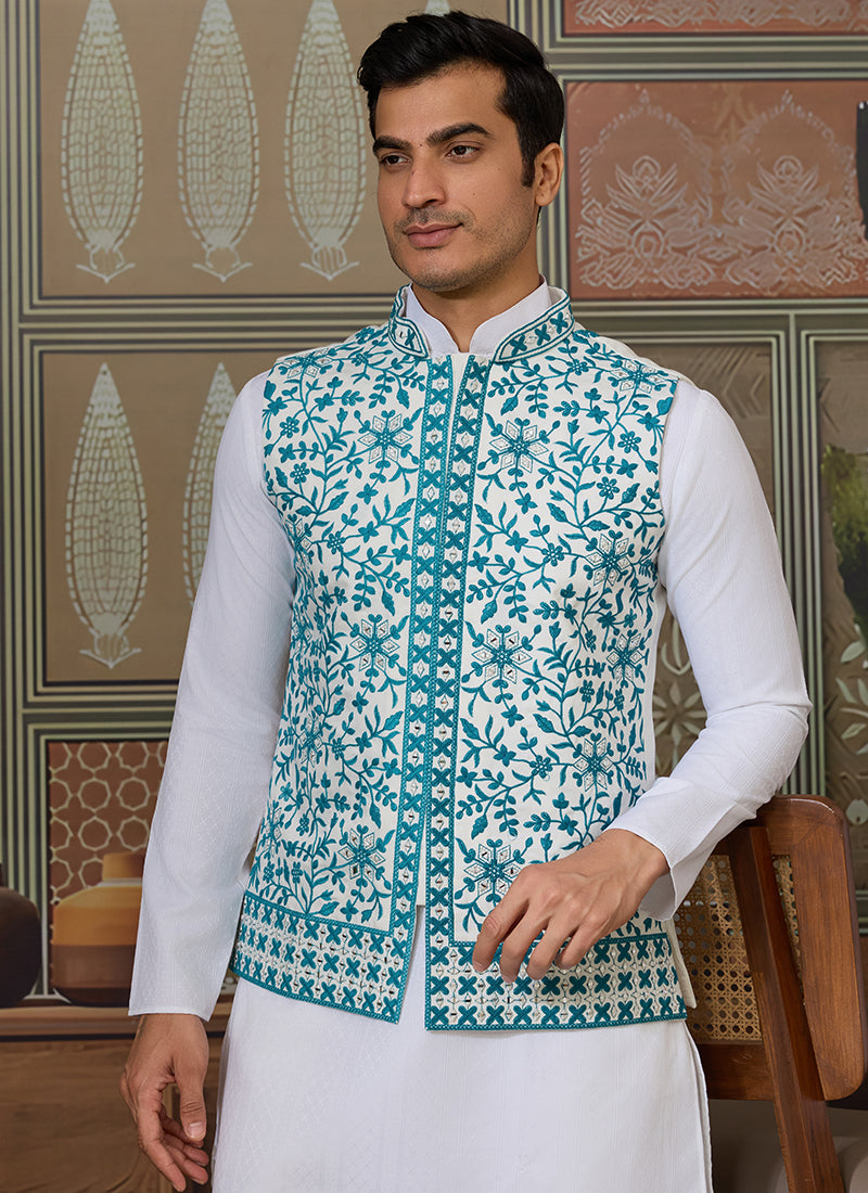 Silk White Festival Wear Mirror Work Readymade Modi Jacket Kurta Pajama 384464