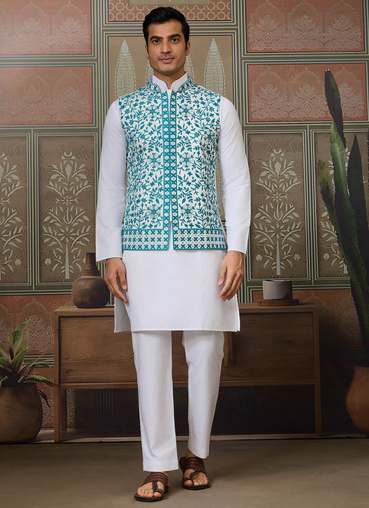 Silk White Festival Wear Mirror Work Readymade Modi Jacket Kurta Pajama 384464